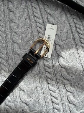 Coach Black Croc-Embossed Leather Belt with Gold Buckle Accent
